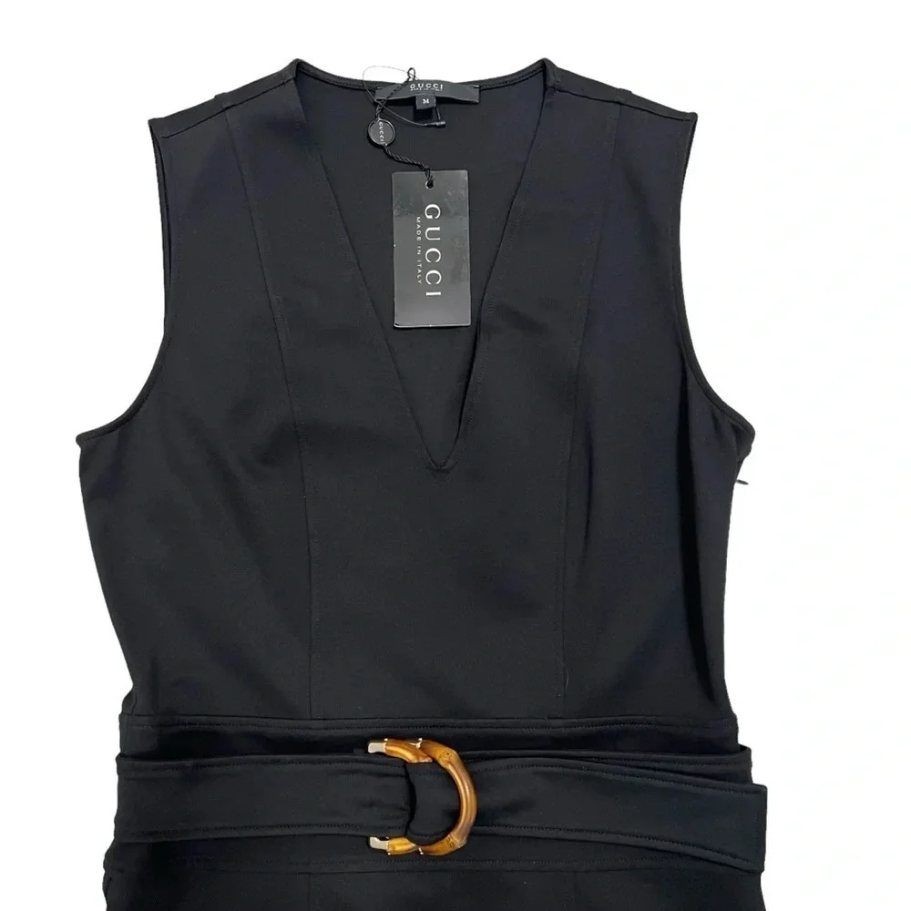 GUCCI Fitted Sleeveless V-neck Bamboo Belted Sheath Dress Black Luxury Size M - Picture 4 of 12